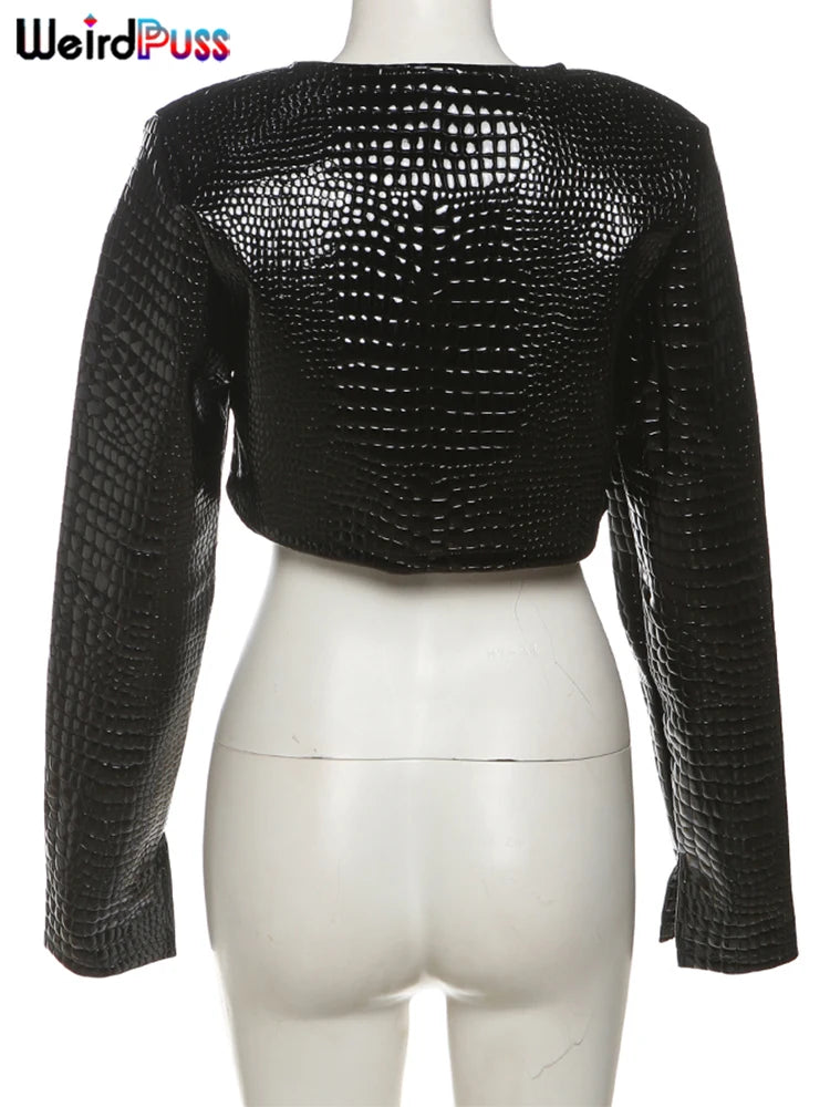 Weird Puss Faux Leather Jacket Women Hipster Snake Print Fall Trend O-Neck Full Sleeve Street Wild Basic Outwear Crop Overcoat
