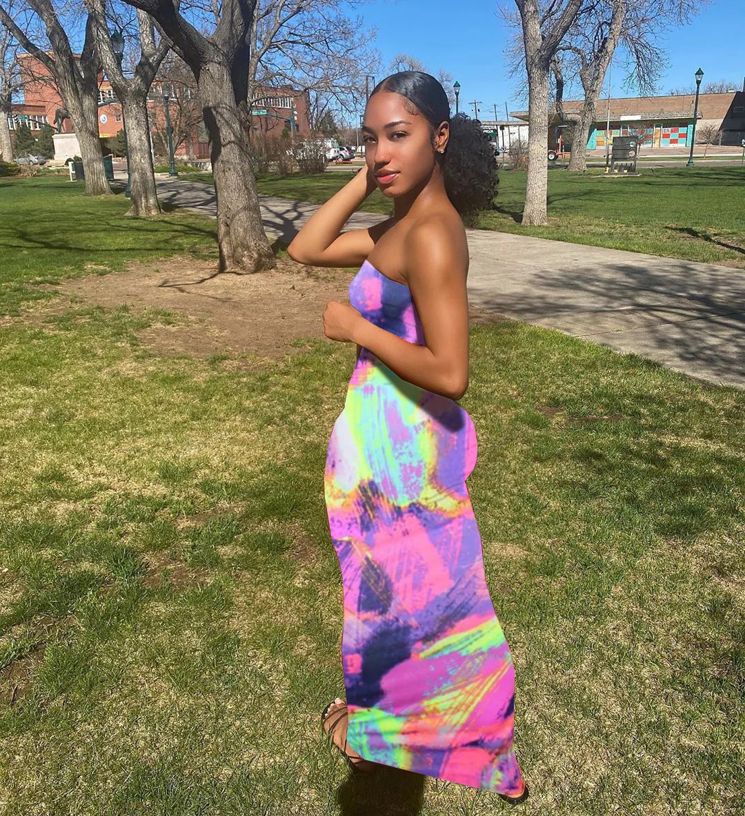 Spring And Summer Dresses For Women Chest Wrap Printed Off Shoulder Bandage Slim Sexy Long Dress
