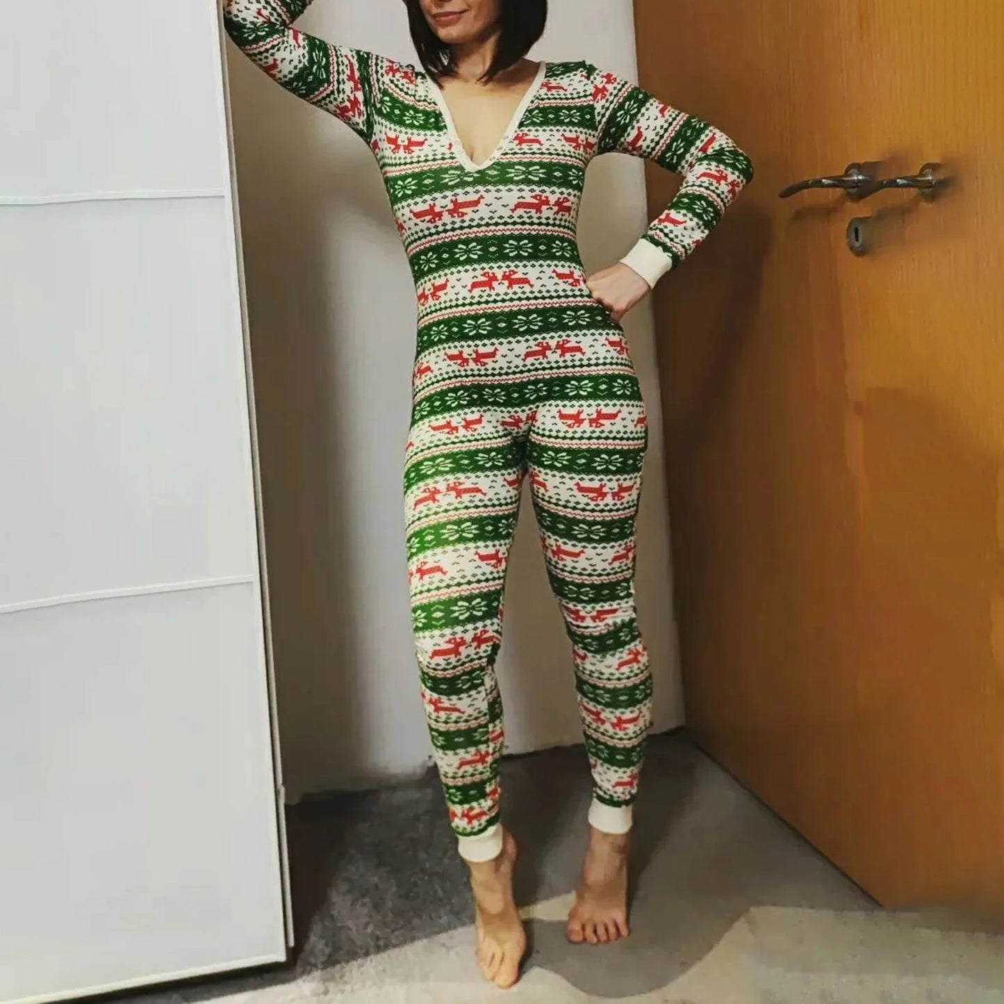 hirigin Women Sexy Christmas Pajamas Rompers Fashion Long Sleeve Printing Bodycon jumpsuit Ugly Christmas Pjs Sleepwear