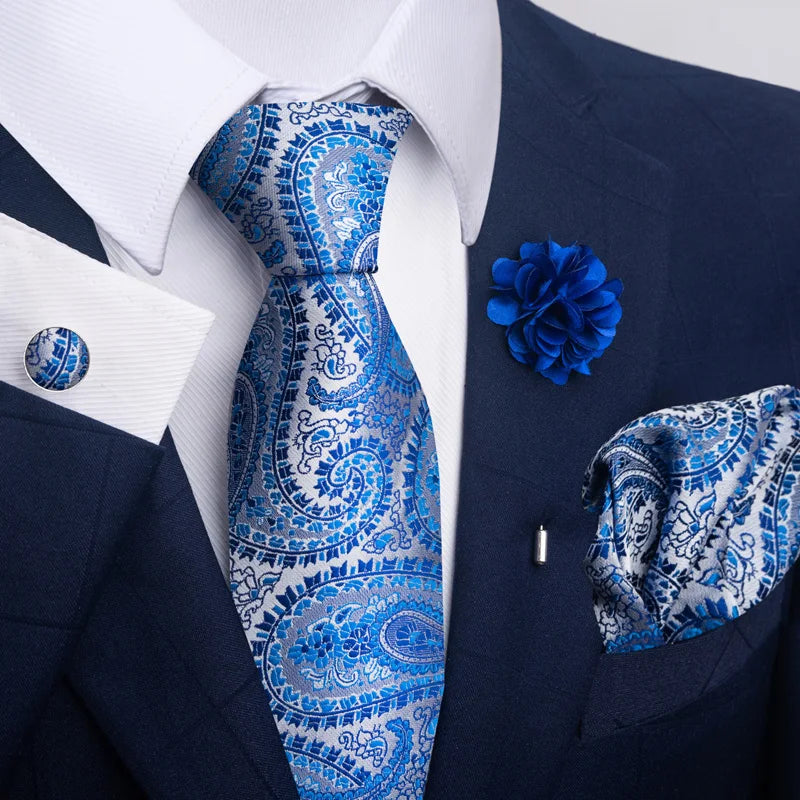 Luxury Mens Ties Floral Black Gold Ties Paisley NeckTie Pocket Square Cufflinks Brooch Set Men's Wedding Party Tie