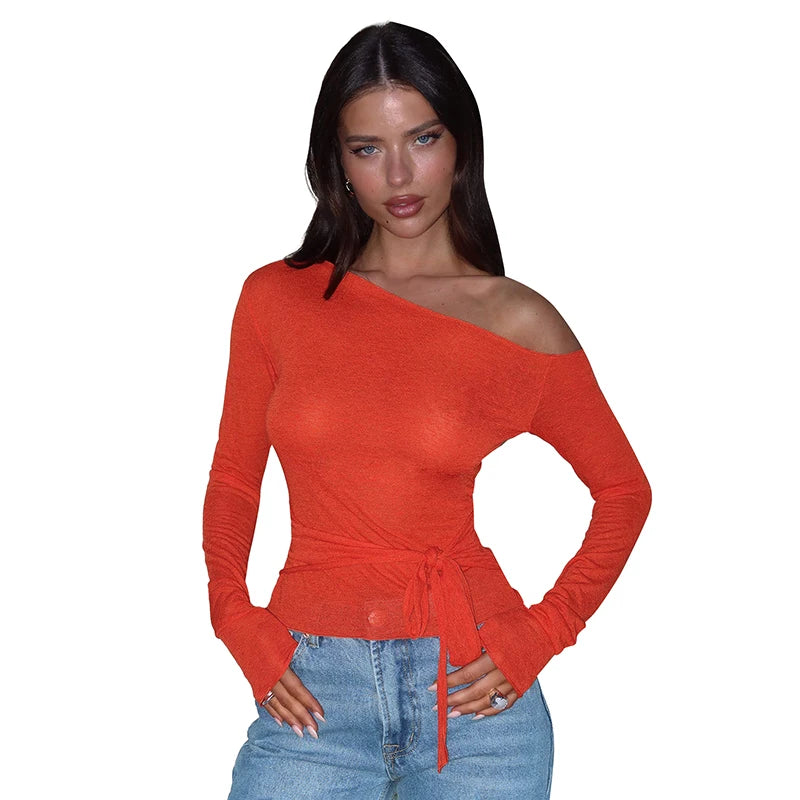 CUTENOVA Autumn Solid Color Slant Neck Off Shoulder Long Sleeve T Shirt Bandage Waist Tie Elegant Cropped Top For Women Wear