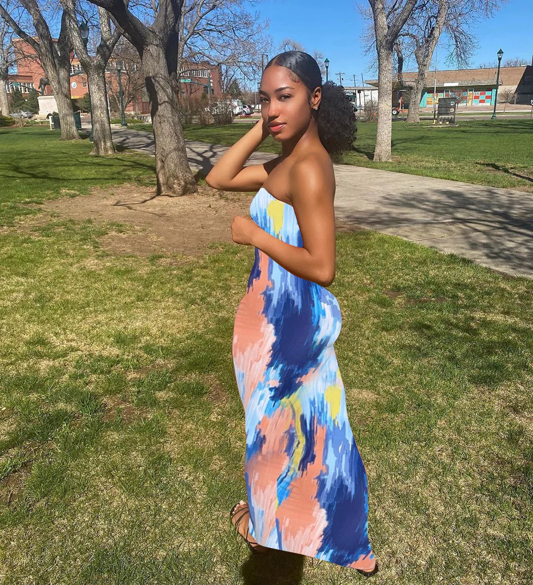 Spring And Summer Dresses For Women Chest Wrap Printed Off Shoulder Bandage Slim Sexy Long Dress