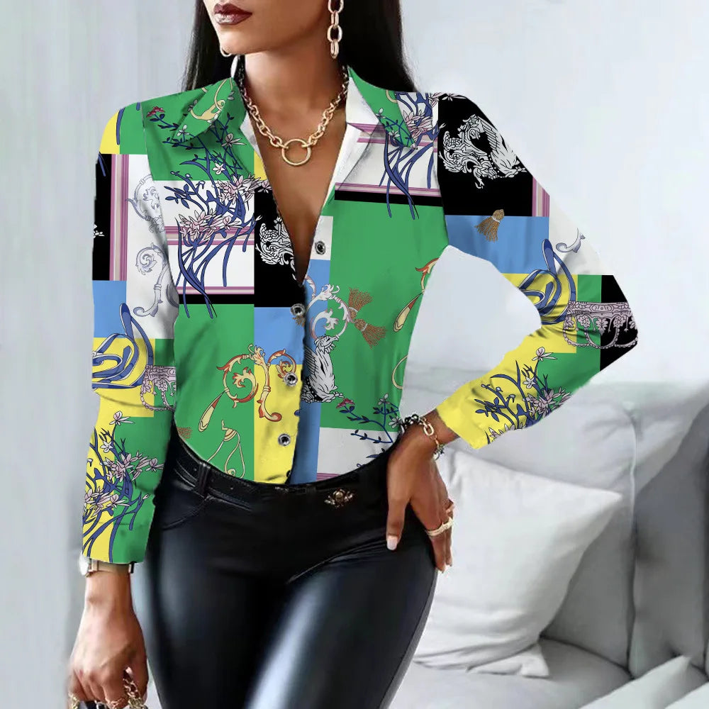 Elegant Office Ladies Turn Down Colar Blouseshirt Women Vintage Popular Printing Slim Shirts Autumn Fashion Long Sleeve Tops