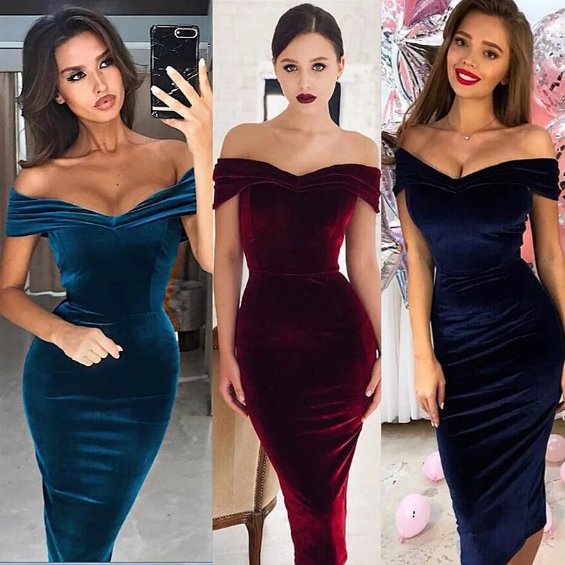 Velvet Party Evening Dress Women Sexy V-neck Off Shoulder Gown Banquet Prom Dresses Streetwear Vestidos Woman Clothing Traf