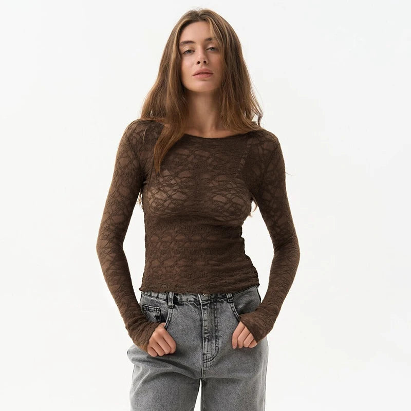 CUTENOVA Lace Women'S Tops Hollow Out Basic Casual Elegant Long Sleeve Tops See-Through Party For Sexy Lady Fashion Street Tops