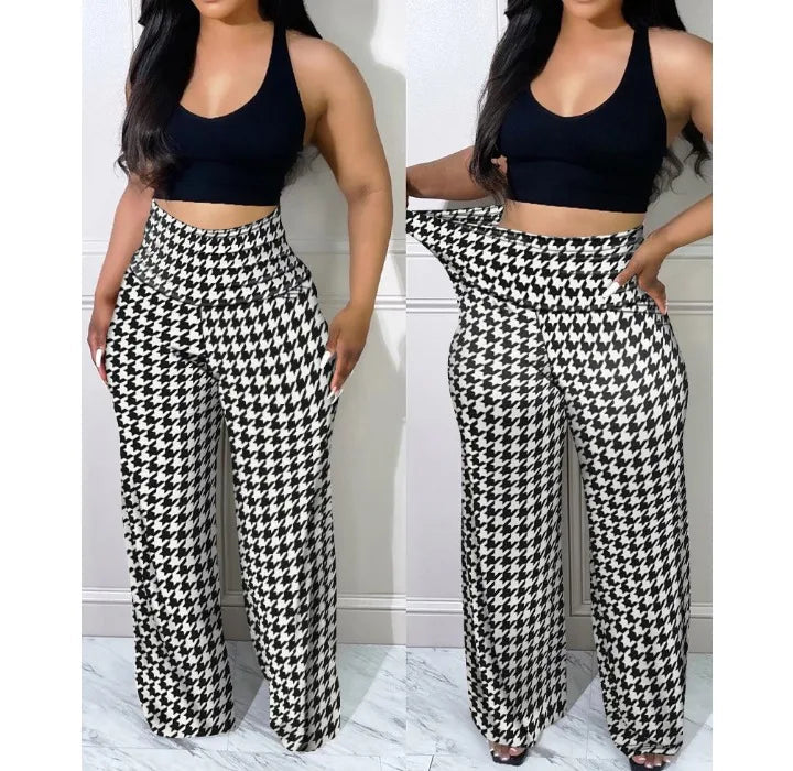 Elegant Women's Pants Summer Streetwear Plaid Print Casual High Waist Wide Leg Daily Long Trousers Without Top for Female FashionMojos.com