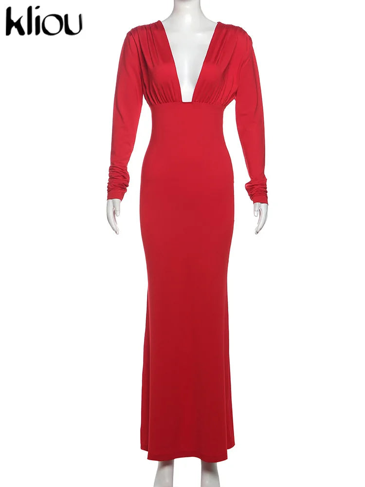 kliou Pleated Elegant Women Maxi Dress Fashion Solid Concise Deep V-neck Full Sleeve Sheath Robe Lady High Street Evening Frock