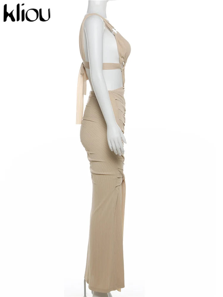 kliou Woven Shirring Women Long Dresses Solid Sexy Elegant Deep V-neck Hollow Stunning Bodycon Mujer High Street Party Vestidos