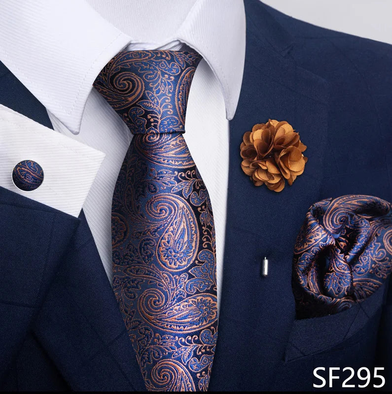 Luxury Mens Ties Floral Black Gold Ties Paisley NeckTie Pocket Square Cufflinks Brooch Set Men's Wedding Party Tie