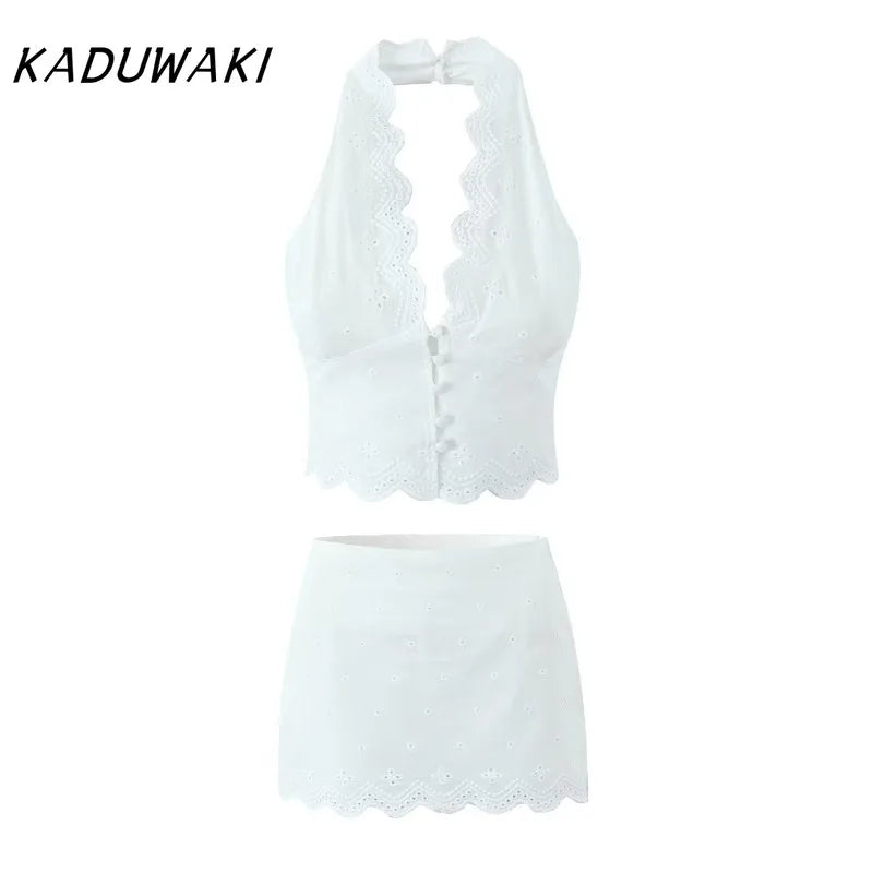 KADUWAKI Sexy White Embroidery Hollow Out Lace Halter Tank Top Side Zipper Waist Package Hips A-line Skirt 2 Piece Sets Summer