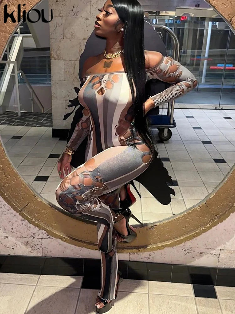 kliou Mesh Stripe Women Jumpsuits Hipster Sexy Thin See Through Off Shoulder Hollow Sheath Overalls Female Attractive One Piece