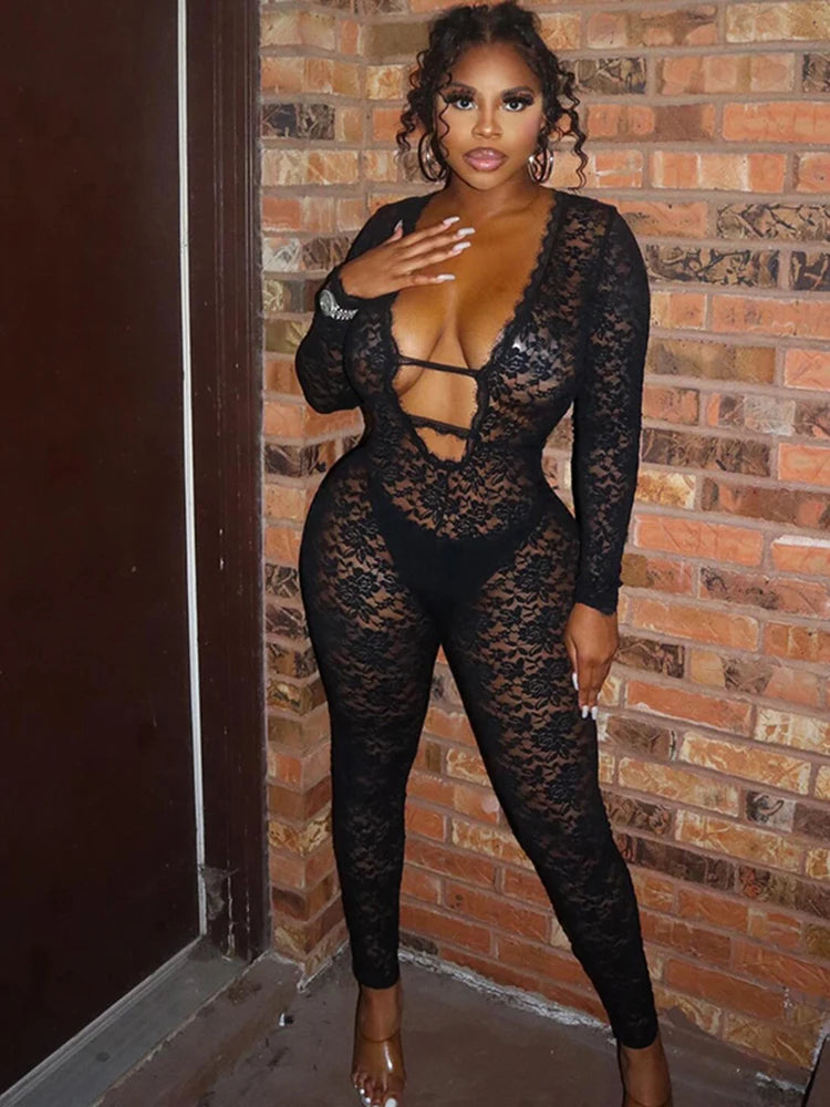 kliou Embroidered See Through Women Jumpsuits Sexy Hot Lace Deep V-neck Trim Skinny Overalls Female Stunning Nighout Clubwear