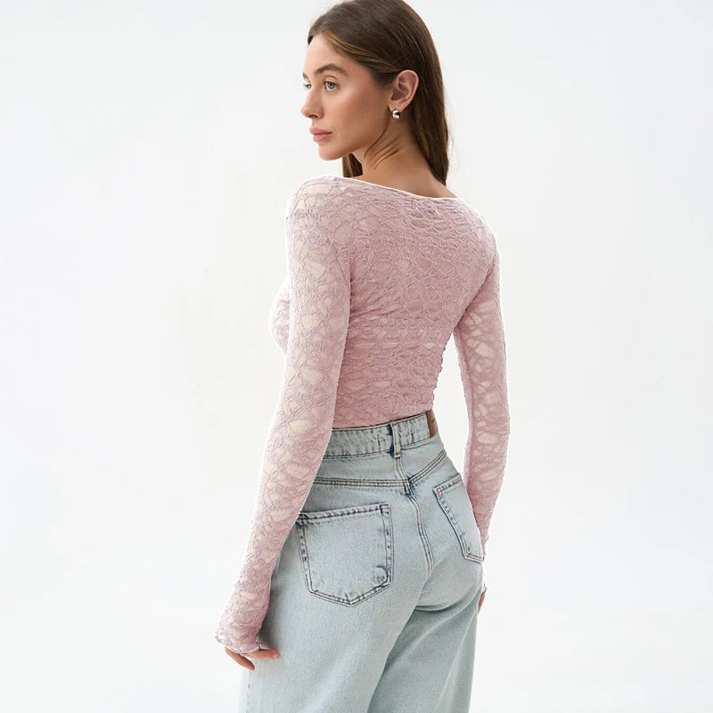 CUTENOVA Lace Women'S Tops Hollow Out Basic Casual Elegant Long Sleeve Tops See-Through Party For Sexy Lady Fashion Street Tops