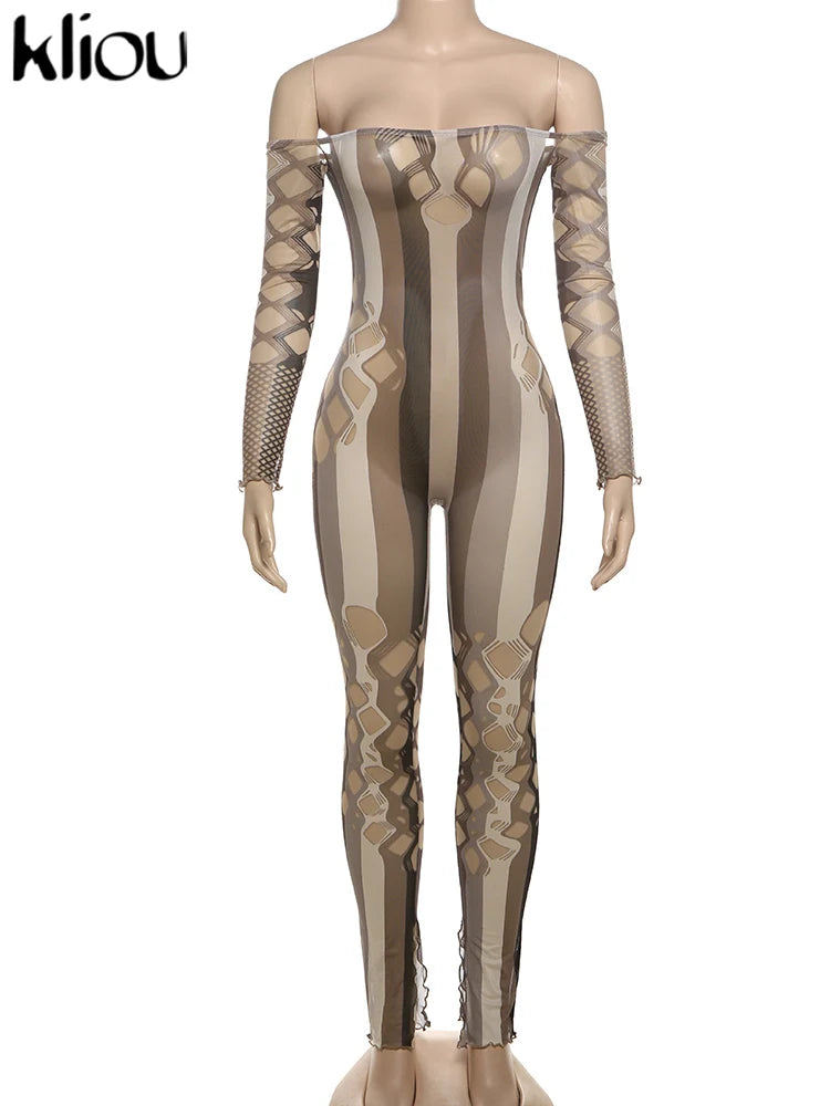 kliou Mesh Stripe Women Jumpsuits Hipster Sexy Thin See Through Off Shoulder Hollow Sheath Overalls Female Attractive One Piece