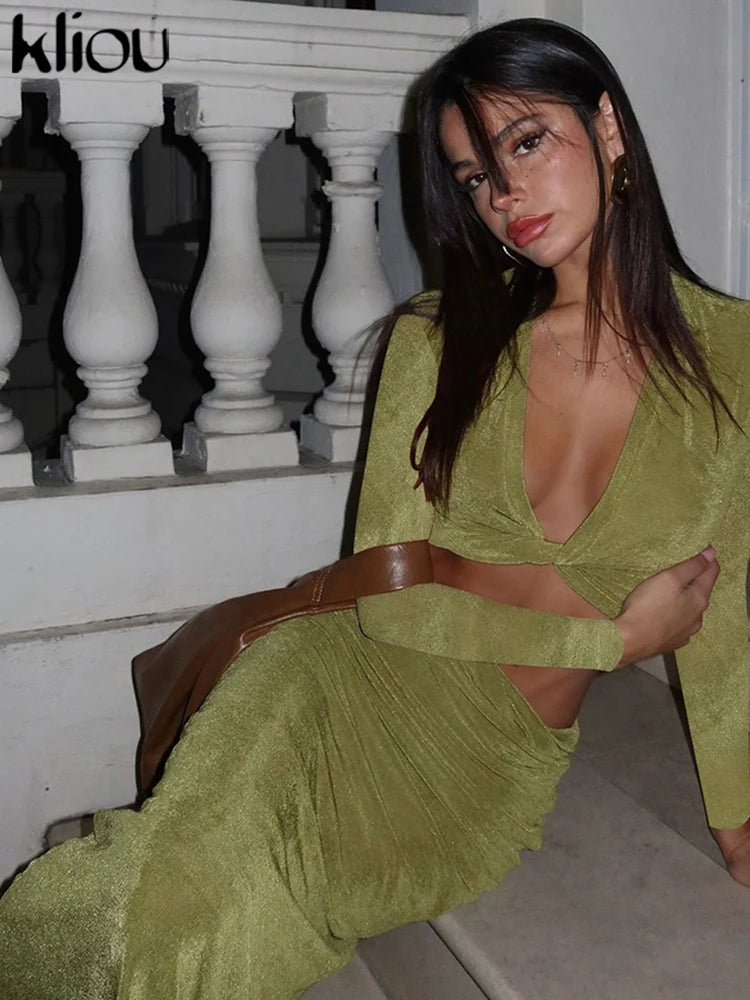 kliou Asymmetrical Waistless Women Dress Simple Solid Deep V-neck Sheath Trend Frock Sexy Popular High Street Banquet Lady Robe