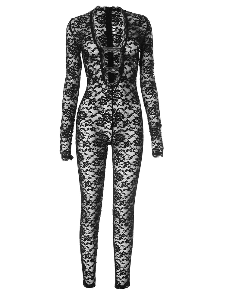 kliou Embroidered See Through Women Jumpsuits Sexy Hot Lace Deep V-neck Trim Skinny Overalls Female Stunning Nighout Clubwear