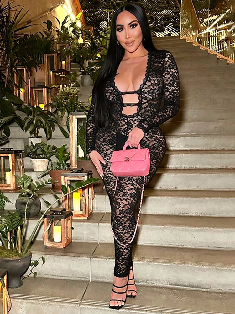 kliou Embroidered See Through Women Jumpsuits Sexy Hot Lace Deep V-neck Trim Skinny Overalls Female Stunning Nighout Clubwear