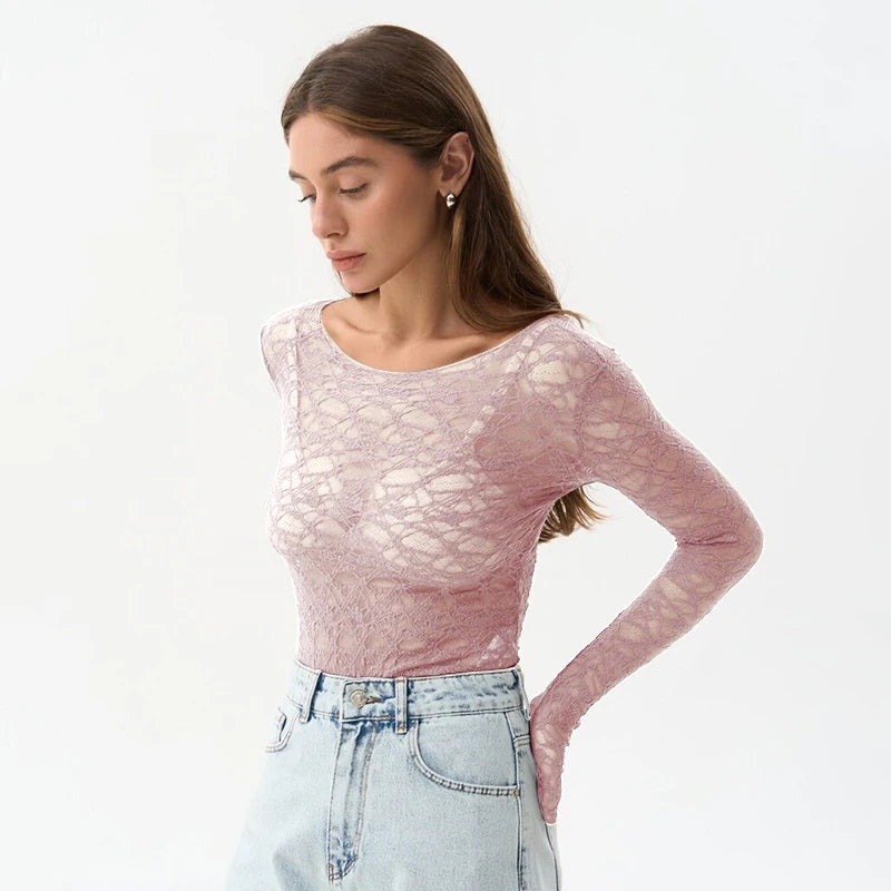 CUTENOVA Lace Women'S Tops Hollow Out Basic Casual Elegant Long Sleeve Tops See-Through Party For Sexy Lady Fashion Street Tops