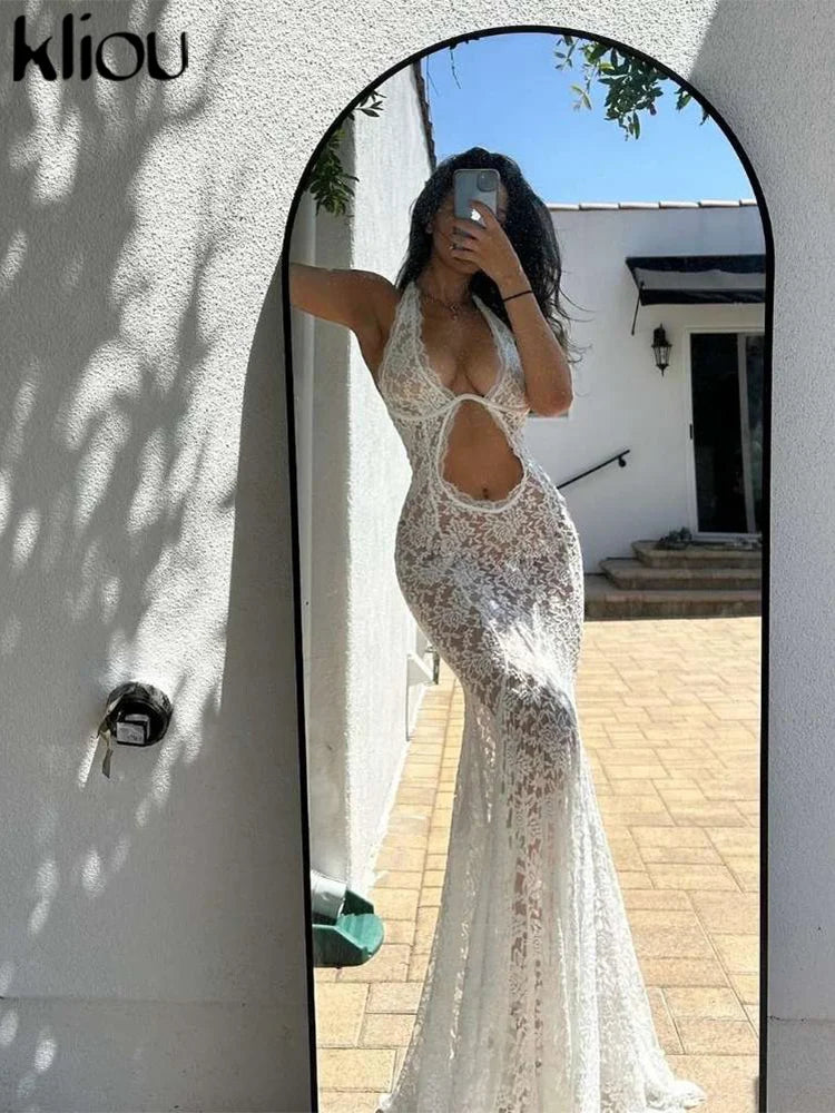 kliou Lace Halter Long Dress Women Summer Coquette Transparent Hollow Deep V-neck Ruched Trim Sheath Robe Midnight Club Vestidos