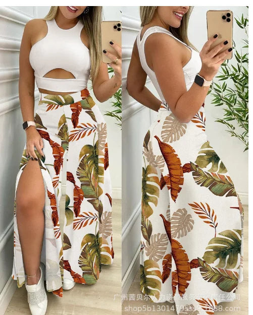 Summer Suit Women Solid Cut-out Tank Top & Tropical Print Split Wide Leg Pants Set