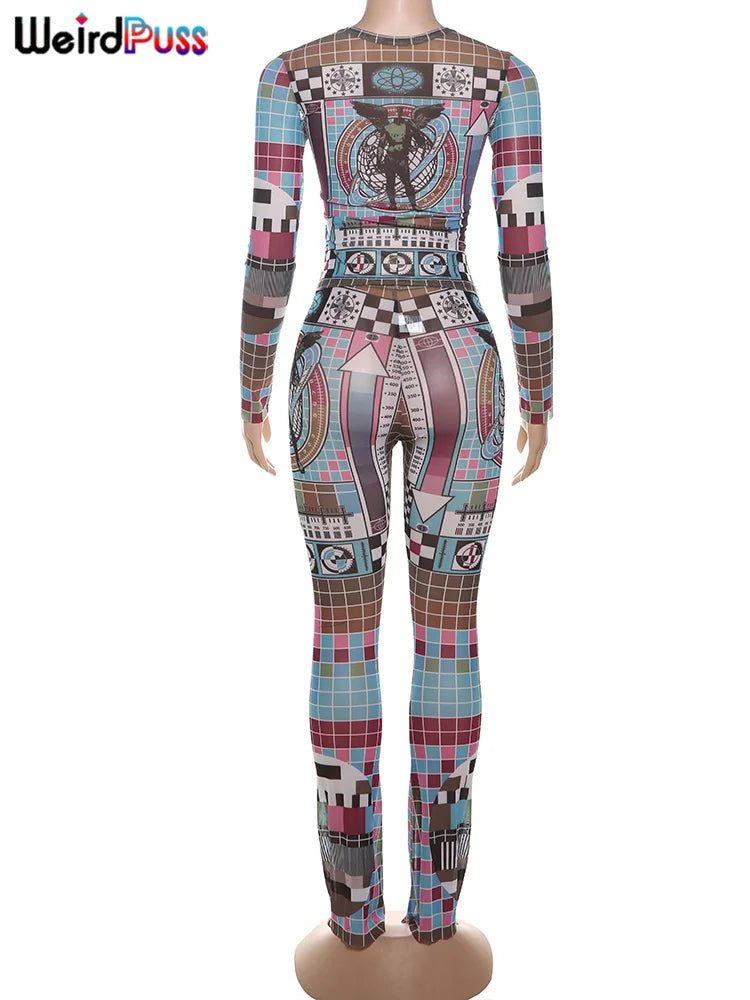 Weird Puss Pixel Print Women 2 Piece Set Tracksuit Colorful Full Sleeve Crop Tops+Leggings Stretch Matching Streetwear Outfits