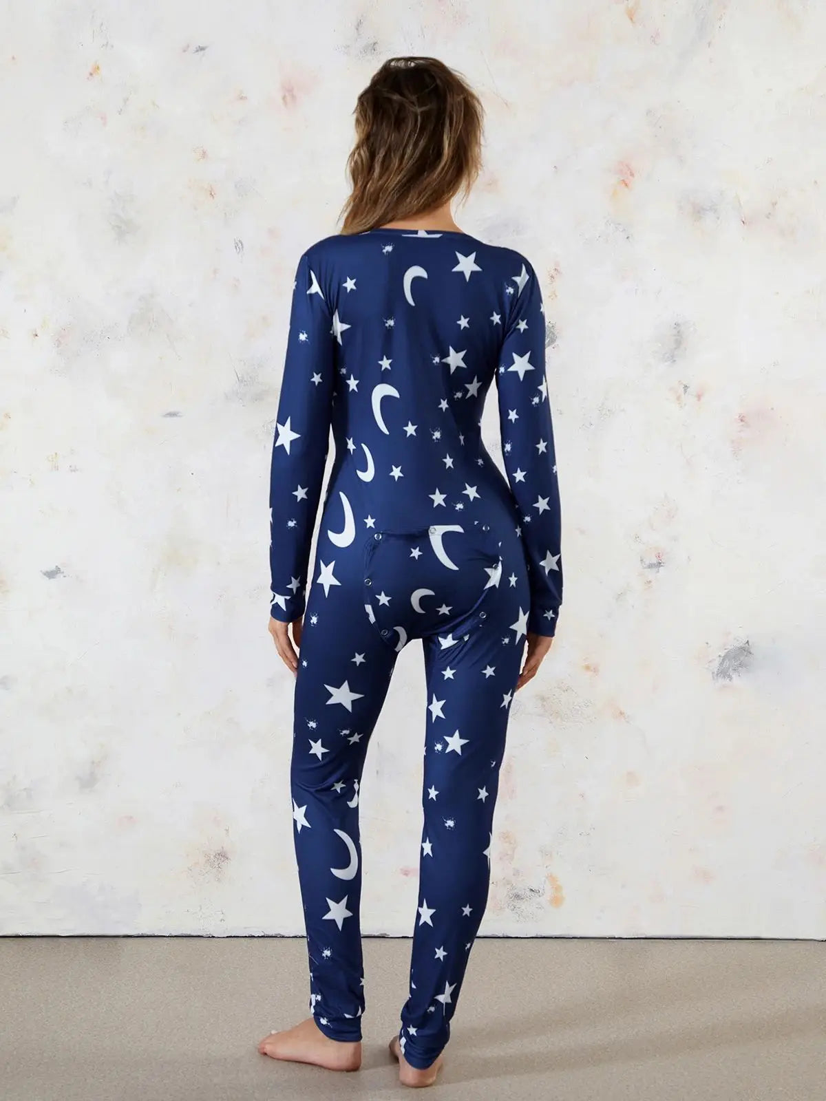 Women Buttoned Flap Jumpsuits Sleepwear Cow Printed Long Sleeve V Neck Bodycon Romper Spring Fall Loungewear
