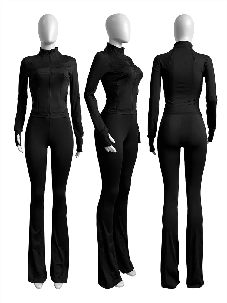 Autumn And Winter New Long Sleeves Zipper Crop top Suits Tracksuits Women's Suits Fashion Pants Female Soild 2 Piece Sets