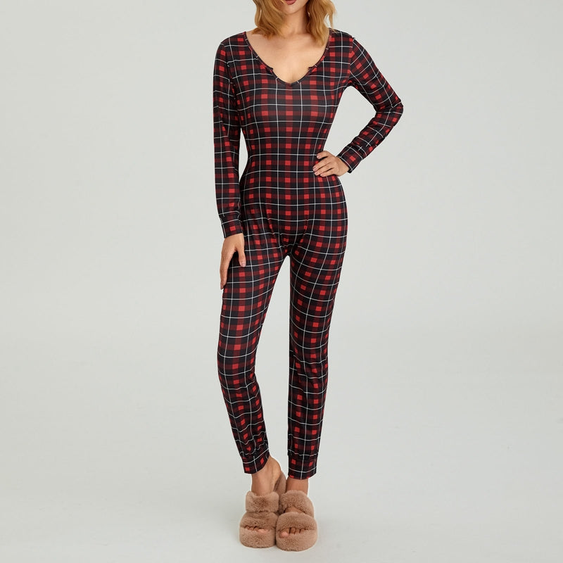Women's Christmas Pajamas Romper Long Sleeve Zip Up Jumpsuit Button Bodycon Bodysuit Snowflake Plaid Print Loungewear