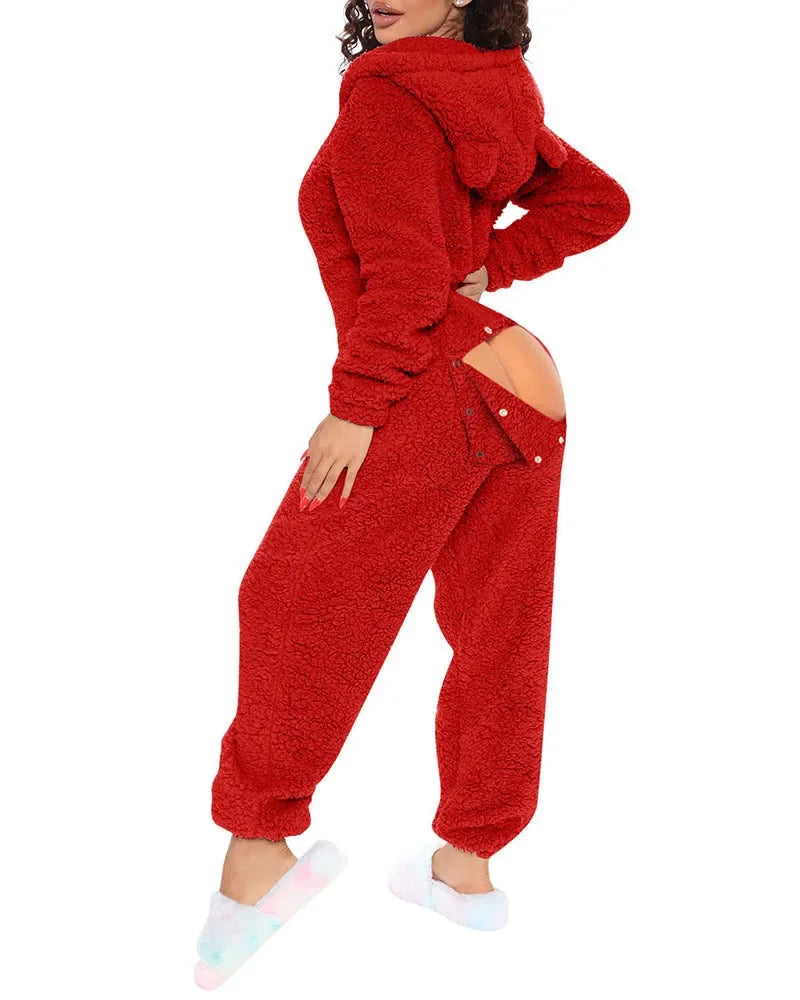 Women Plush Velvet Hooded Jumpsuits Button Open Butt Fluffy Hoodies Bodysuits Casual Playsuits Tracksuits One-piece Overalls 2XL