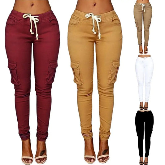 Mather Spring Lace Up Waist Casual Women Pants Solid Pencil Pants Multi-Pockets Straight Trousers S-4XL