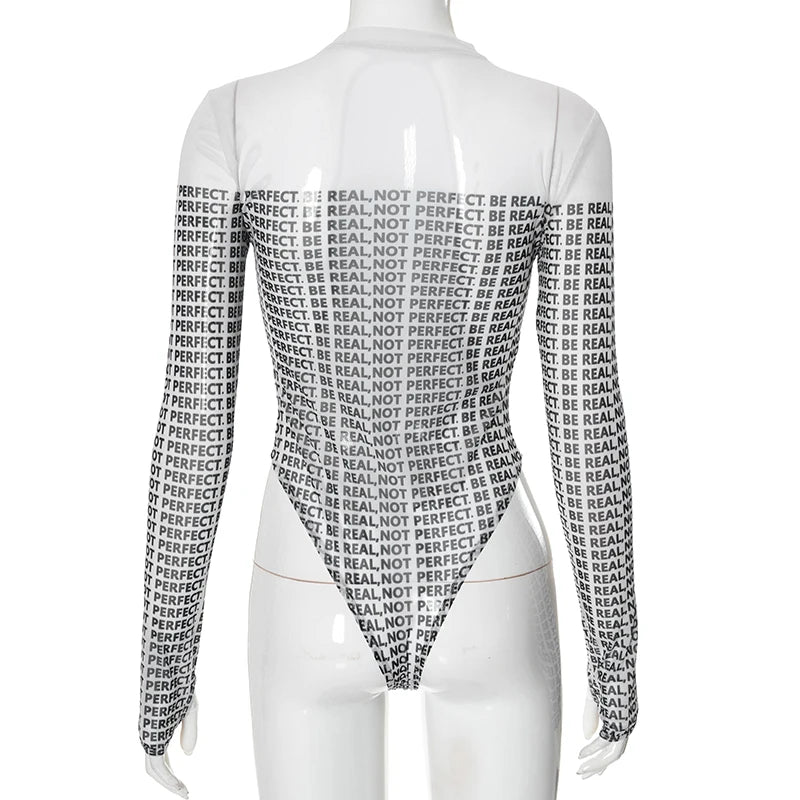 CUTENOVA Sexy See Thorugh Bodysuit Womens Long Sleeve Graphic One Pieces T-Shirt Corset Tops Autumn High Waist Mesh Jumpsuits