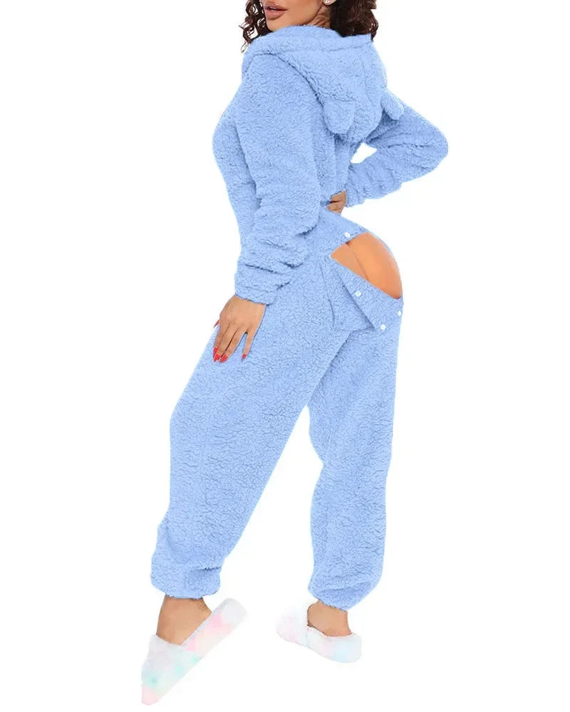 Women Plush Velvet Hooded Jumpsuits Button Open Butt Fluffy Hoodies Bodysuits Casual Playsuits Tracksuits One-piece Overalls 2XL