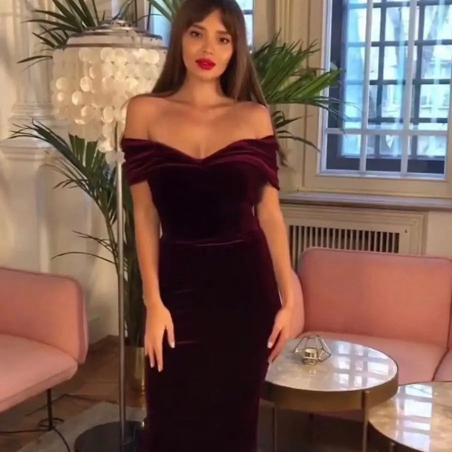 Velvet Party Evening Dress Women Sexy V-neck Off Shoulder Gown Banquet Prom Dresses Streetwear Vestidos Woman Clothing Traf