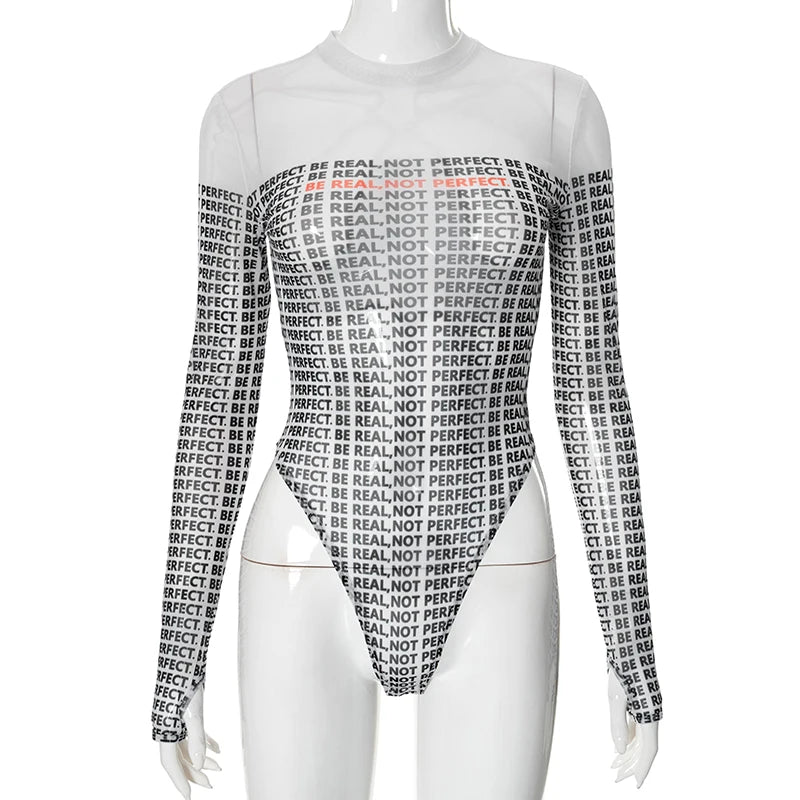 CUTENOVA Sexy See Thorugh Bodysuit Womens Long Sleeve Graphic One Pieces T-Shirt Corset Tops Autumn High Waist Mesh Jumpsuits