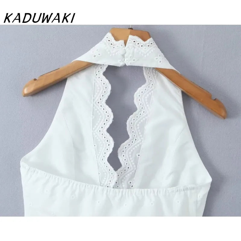 KADUWAKI Sexy White Embroidery Hollow Out Lace Halter Tank Top Side Zipper Waist Package Hips A-line Skirt 2 Piece Sets Summer