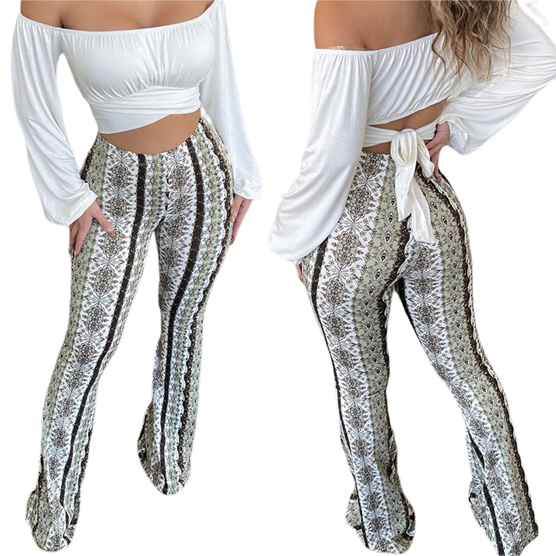 Women Flared Bell Bottoms Floral Boho High Waisted Fit Flare Leggings Stretchy Bootcut Yoga Pants Hippie Pants