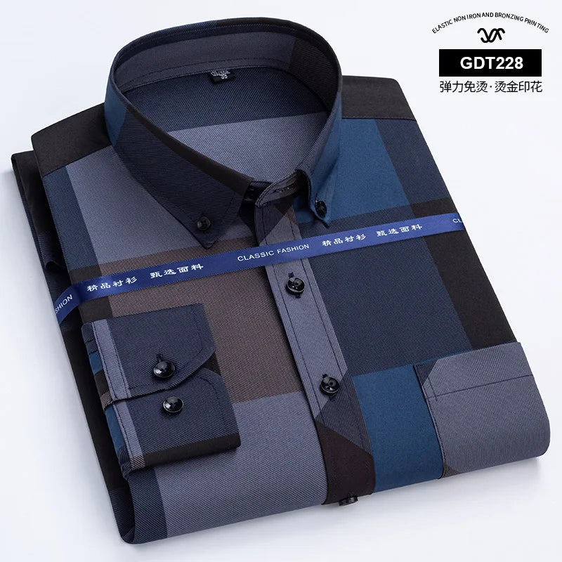 Social New Slim Fit Spring and Autumn Seasons Thin Long Sleeve Men's Non iron Shirt Fashion Business Casual Gold Plated Plaid - FashionMojos.com
