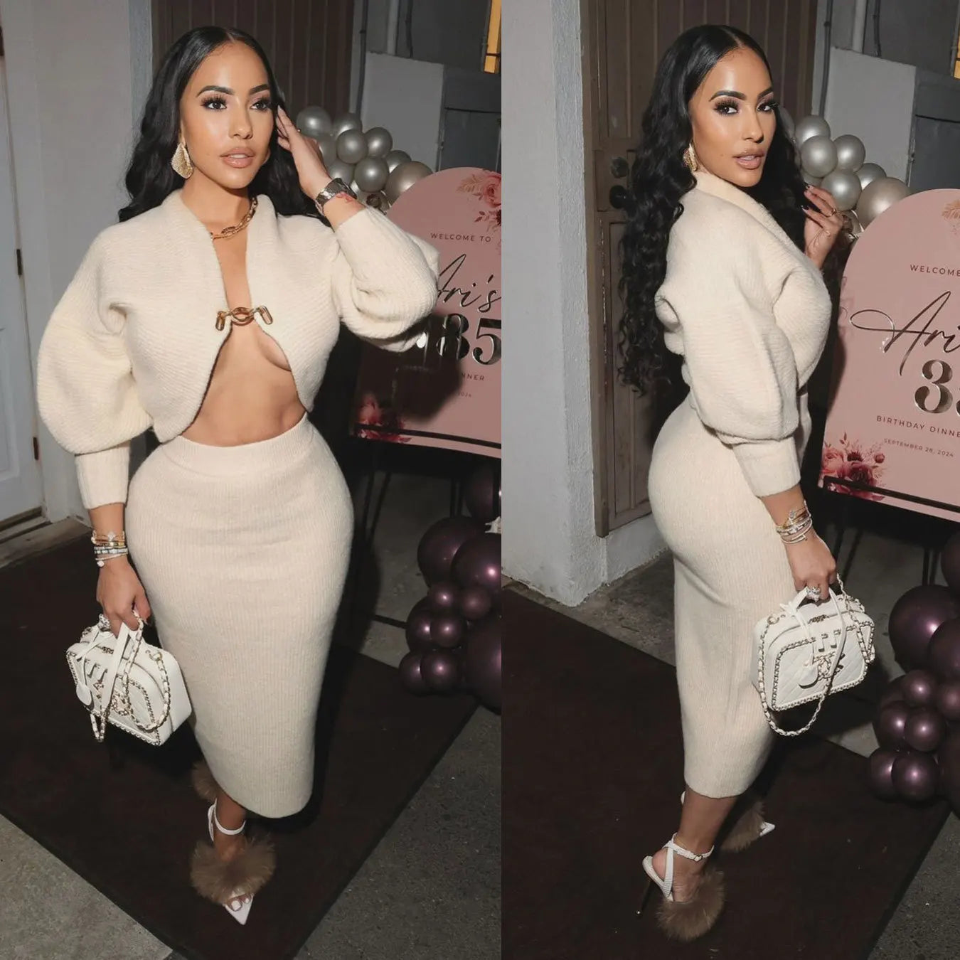 FAGADOER High Quality Elegant Knit Women 2 Piece Set Outfit Hollow Out Lantern Sleeve Crop Cardigan + Long Skirt Suit Streetwear
