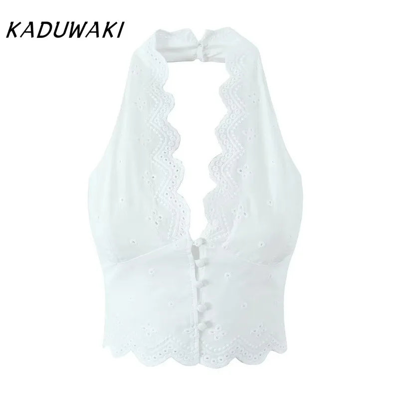 KADUWAKI Sexy White Embroidery Hollow Out Lace Halter Tank Top Side Zipper Waist Package Hips A-line Skirt 2 Piece Sets Summer