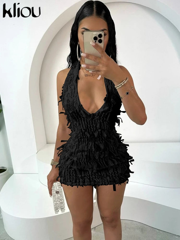 kliou Summer Women Mini Sexy & Club Chiffon Dress