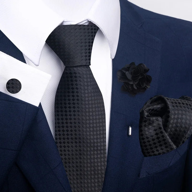 Luxury Mens Ties Floral Black Gold Ties Paisley NeckTie Pocket Square Cufflinks Brooch Set Men's Wedding Party Tie