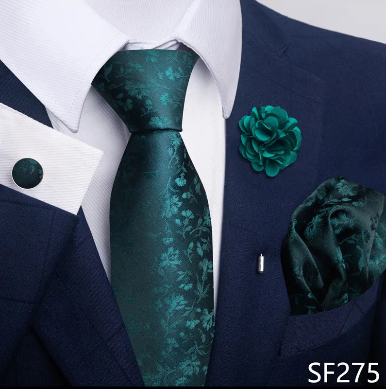 Luxury Mens Ties Floral Black Gold Ties Paisley NeckTie Pocket Square Cufflinks Brooch Set Men's Wedding Party Tie