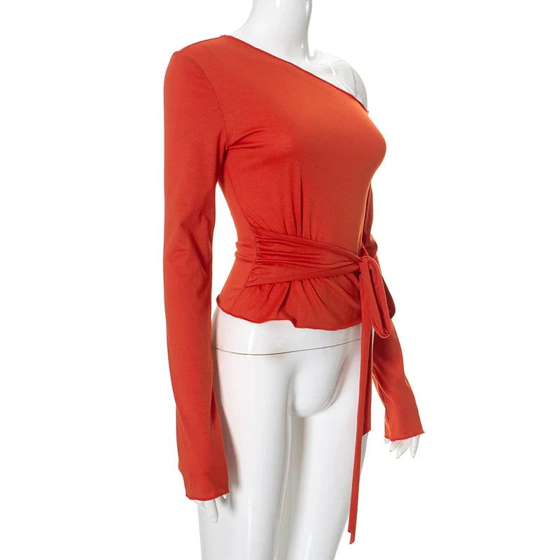 CUTENOVA Autumn Solid Color Slant Neck Off Shoulder Long Sleeve T Shirt Bandage Waist Tie Elegant Cropped Top For Women Wear
