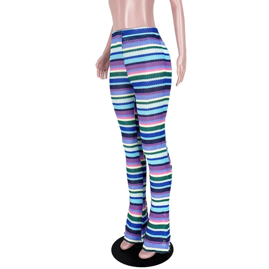 Leosoxs Colorful Striped Women Flare Pants Knitted Elastic Waist Skinny New Summer Trendy Y2K Streetwear Daily Wild Bottoms