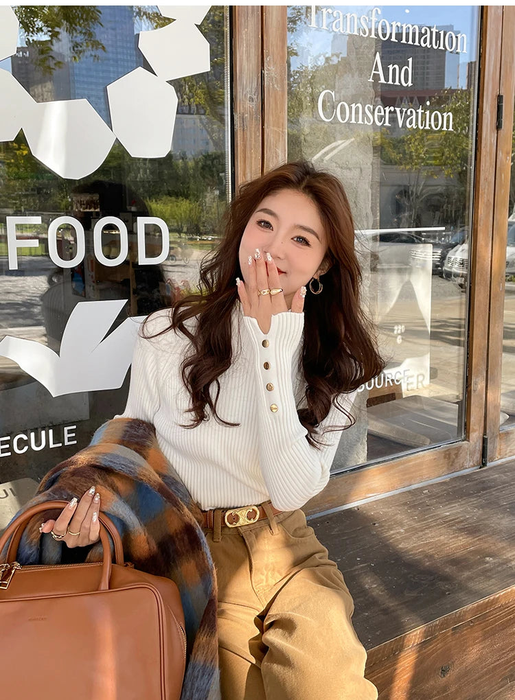 Autumn Winter Sweater Women Pullovers Long Sleeve Tops Clothes Slim Knit Soft Jumper Streetwear Button Turtleneck Sweater