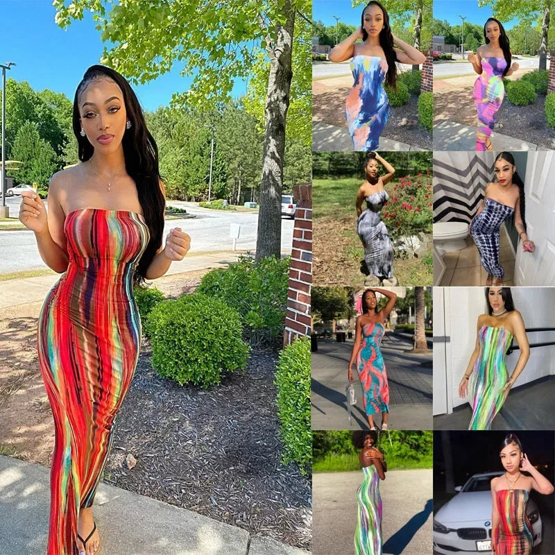 Tie Dye Bodycon Bandage Dress Women Midi Sexy Party Dresses Off Shoulder Strapless Summer Y2k Club Beach Elegant Long Vestidos