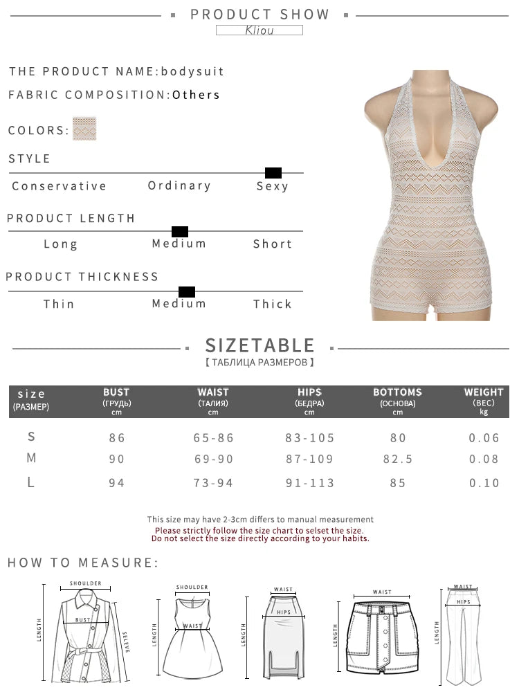 kliou Sexy Trendy Playsuits Women Summer New Party Transparency Halter V-neck Backless Slim Rompers Female Holes Chic Streetwear