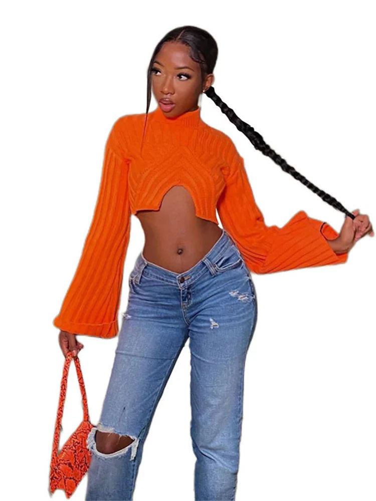 Nibber Autumn Solid Color Pullovers Clother For Women O-neck Midriff-baring Long-sleveed All-match Sweater Streetwear Travel