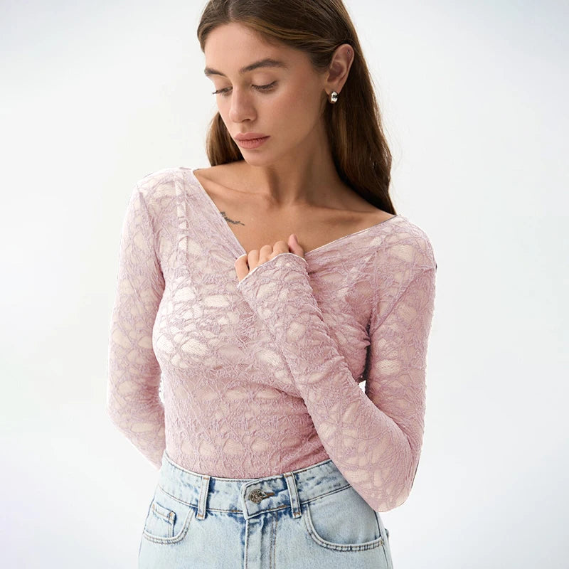 CUTENOVA Lace Women'S Tops Hollow Out Basic Casual Elegant Long Sleeve Tops See-Through Party For Sexy Lady Fashion Street Tops