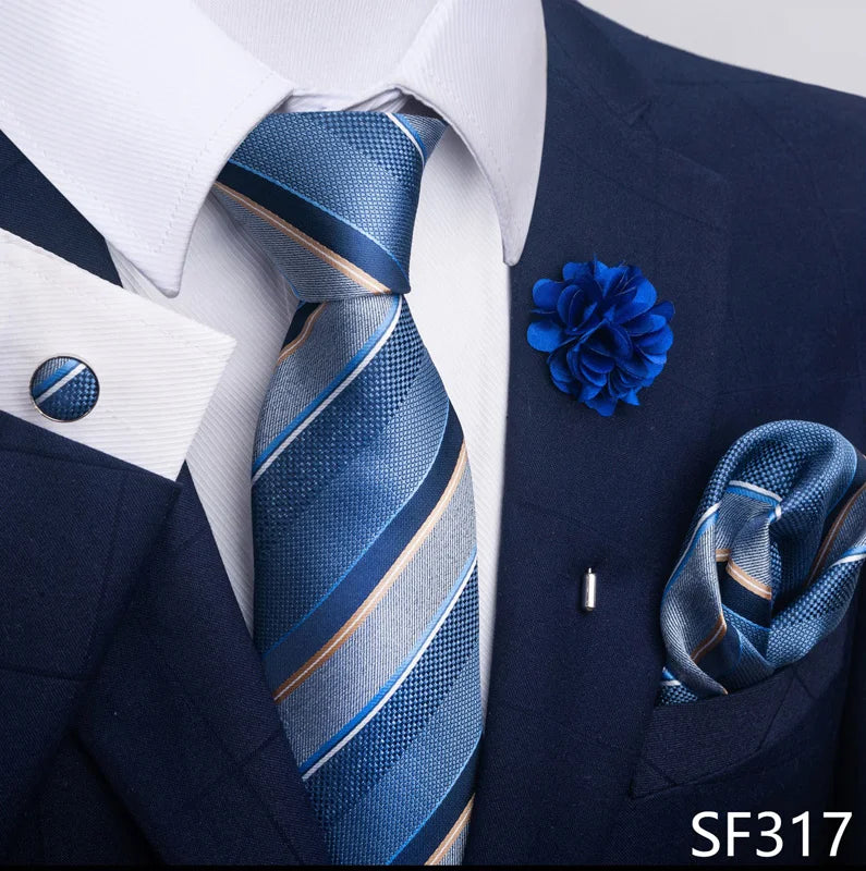 Luxury Mens Ties Floral Black Gold Ties Paisley NeckTie Pocket Square Cufflinks Brooch Set Men's Wedding Party Tie